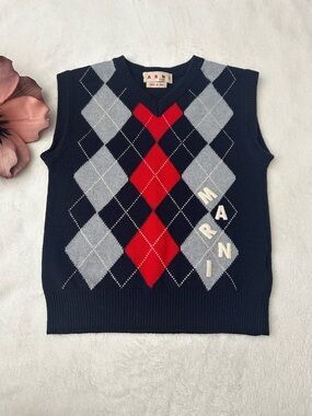 Marni Argyle Sweater Vest Womens Blue Red Virgin Wool Sleeveless V-neck 42 US 6